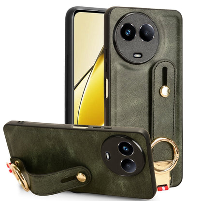Green leather back phone case with wrist strap and circular kickstand ring