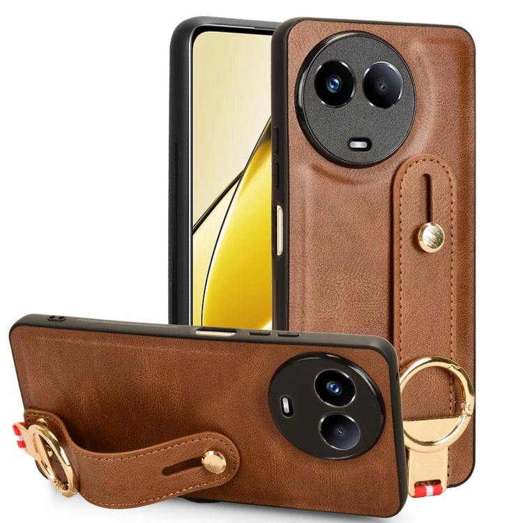 Brown leather back phone case with wrist strap and circular kickstand ring