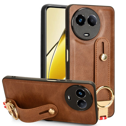 Brown leather back phone case with wrist strap and circular kickstand ring