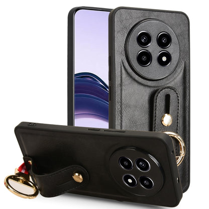 Black leather wrist strap phone case with fold-over flap, camera cutout, and ring pull