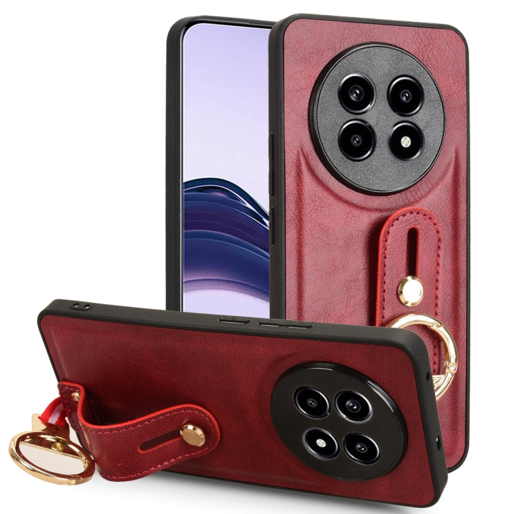 Red leather wrist strap phone case with fold-over flap, camera cutout, and ring pull