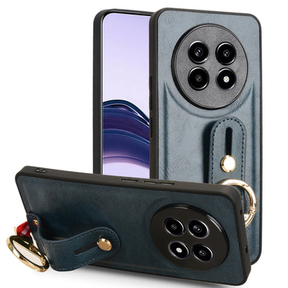 Blue leather wrist strap phone case with fold-over flap, camera cutout, and ring pull