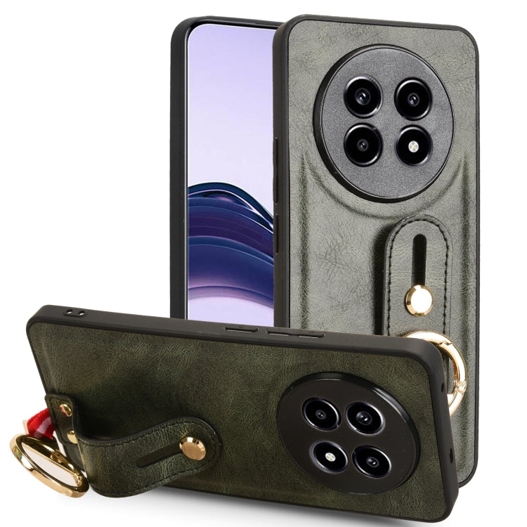 Green leather wrist strap phone case with fold-over flap, camera cutout, and ring pull