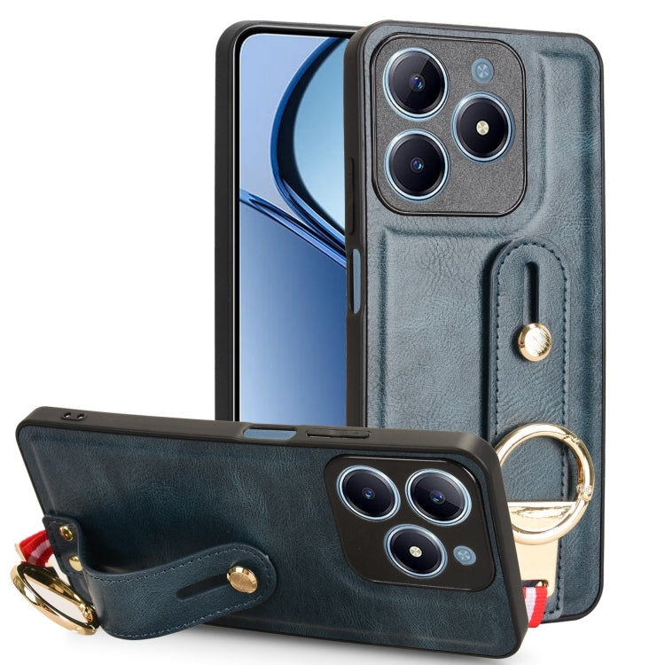 Teal leather wrist strap phone case with fold-over flap, camera cutout, and ring pull
