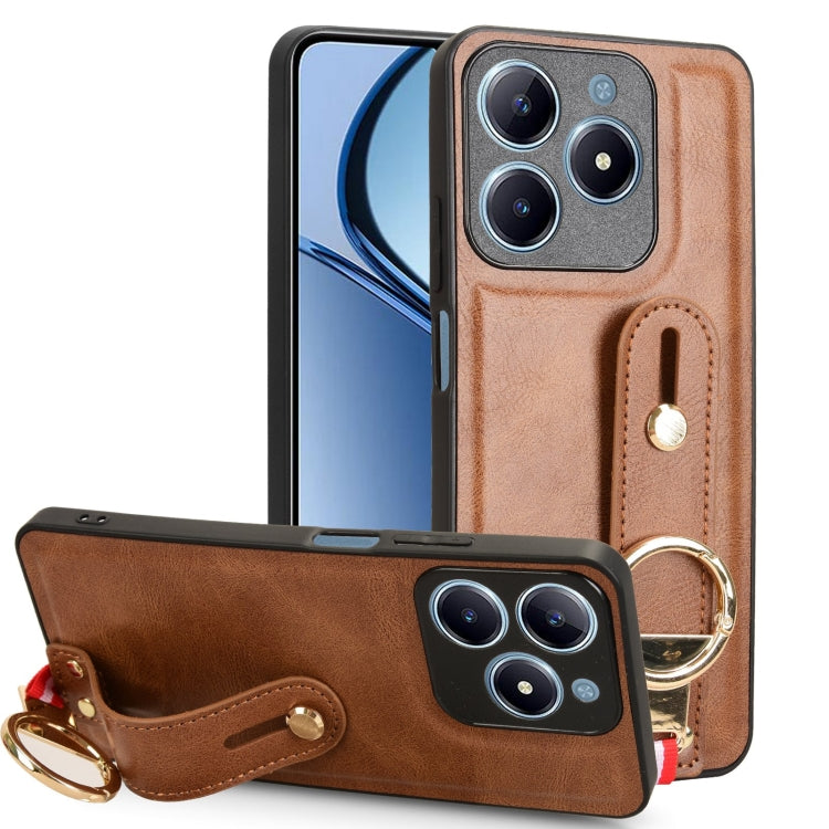 Brown leather wristband phone case with circular ring strap and camera cutout.
