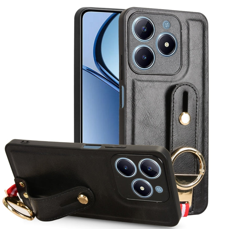 Black leather wristband phone case with circular ring strap and camera cutout.