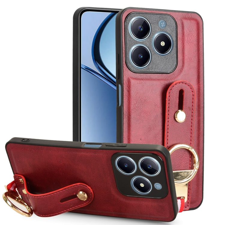 Red leather wristband phone case with circular ring strap and camera cutout.