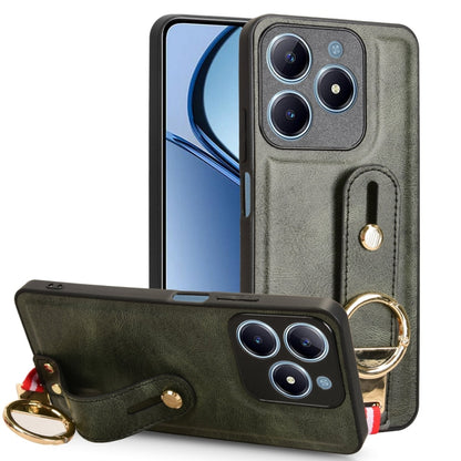 Green leather wristband phone case with circular ring strap and camera cutout.