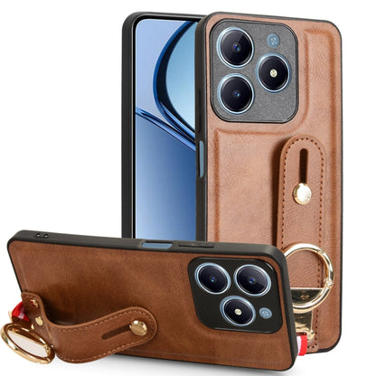 Brown leather wristband phone case with circular ring strap and camera cutout.
