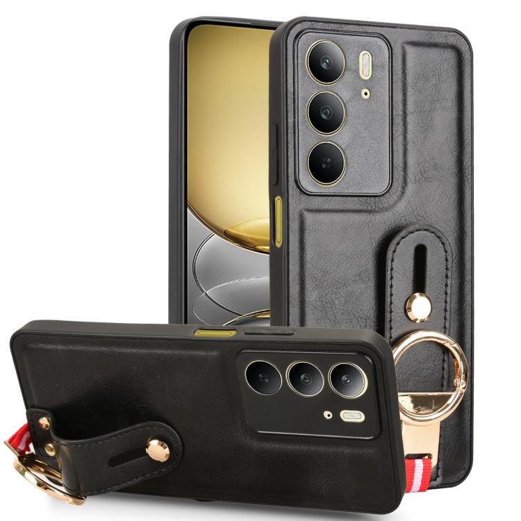 Wristband leather phone case with ring holder and lanyard, black color.