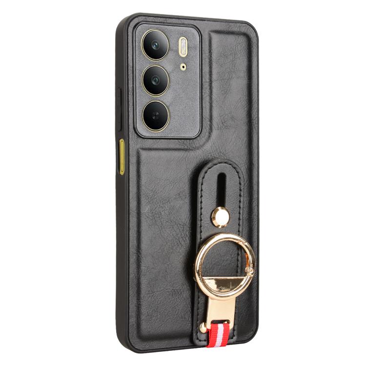 Wristband leather phone case with ring holder and lanyard, black back view.