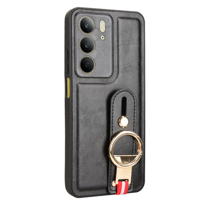Wristband leather phone case with ring holder and lanyard, black back view.