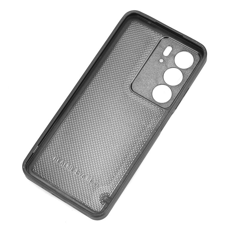 Leather phone case back cover with camera cutouts and textured finish, gray.