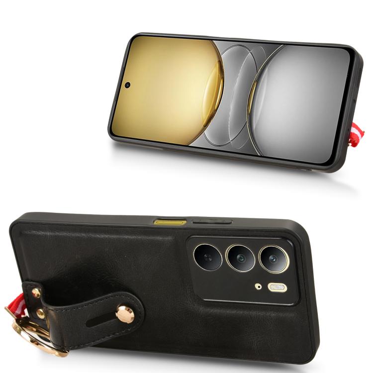 Wristband leather phone case with lanyard ring, black with card-ready back panel.