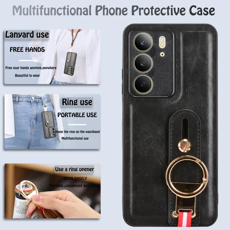 Wristband leather phone case with ring holder and lanyard, black front and back.