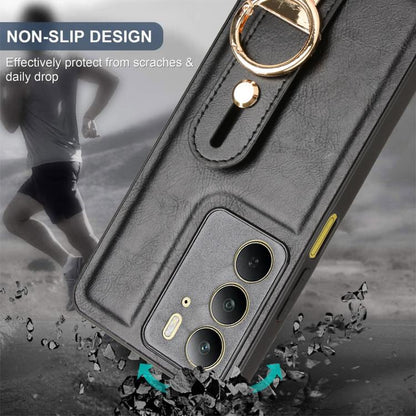 Wristband leather phone case with ring holder and lanyard, black with camera cutout.
