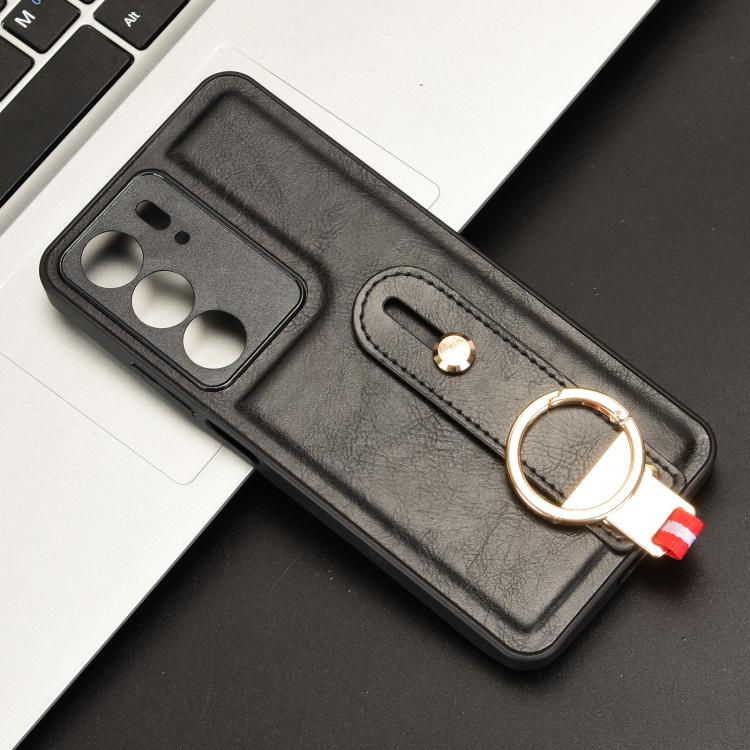 Wristband leather phone case with lanyard ring, black with camera cutouts.