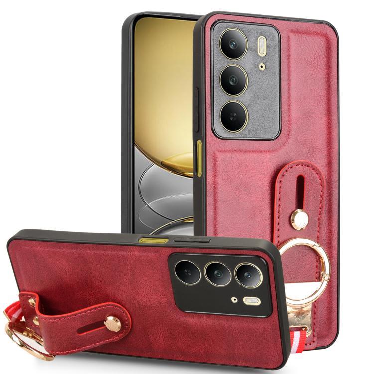 Wristband leather phone case with ring holder and lanyard, red with camera cutouts.