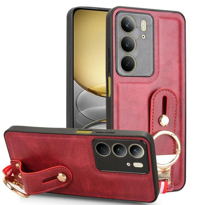 Wristband leather phone case with ring holder and lanyard, red with camera cutouts.