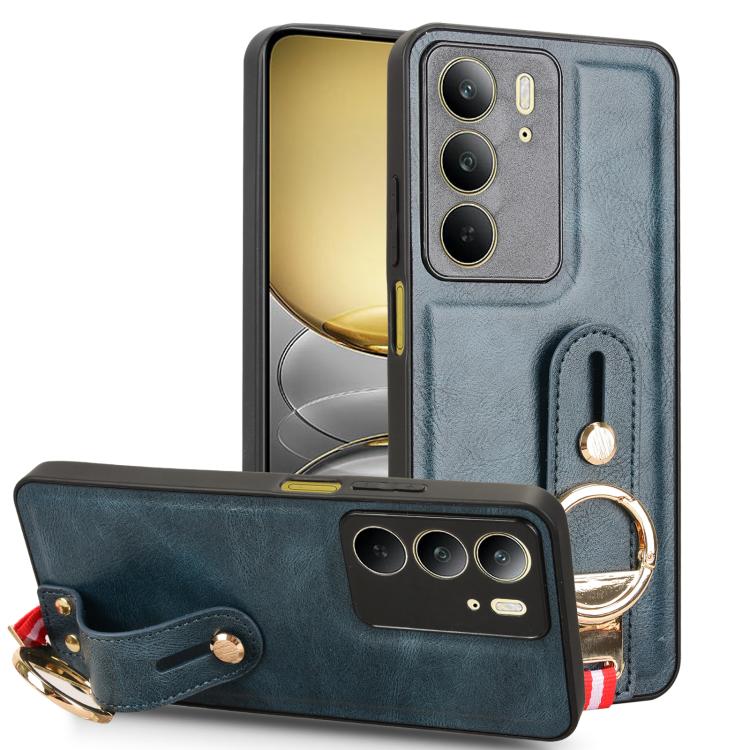 Wristband leather phone case with ring holder and lanyard, blue back view.