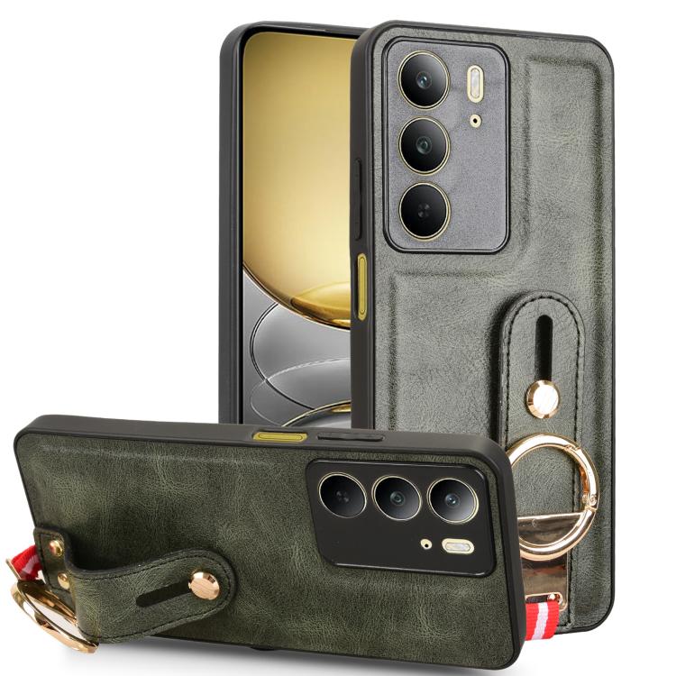 Wristband leather phone case with ring holder and lanyard, green with camera cutouts.