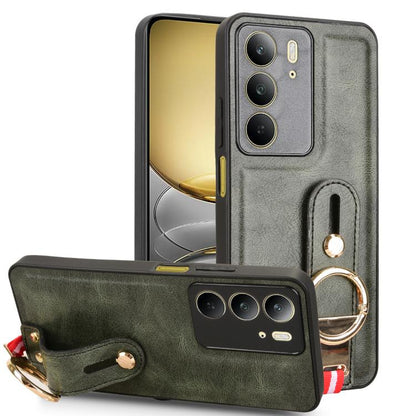 Wristband leather phone case with ring holder and lanyard, green with camera cutouts.