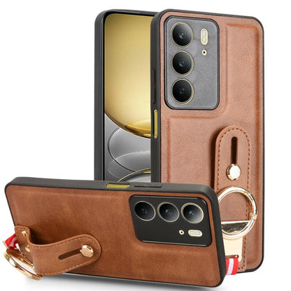 Brown leather wrist strap phone case with fold-over flap, camera cutout, and ring pull