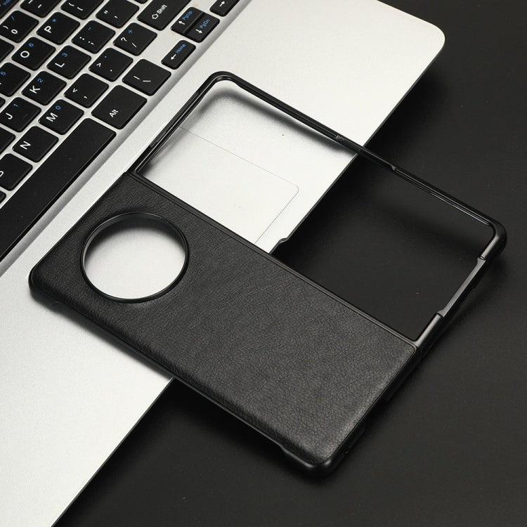 Black litchi-texture phone case with circular camera opening and front cover