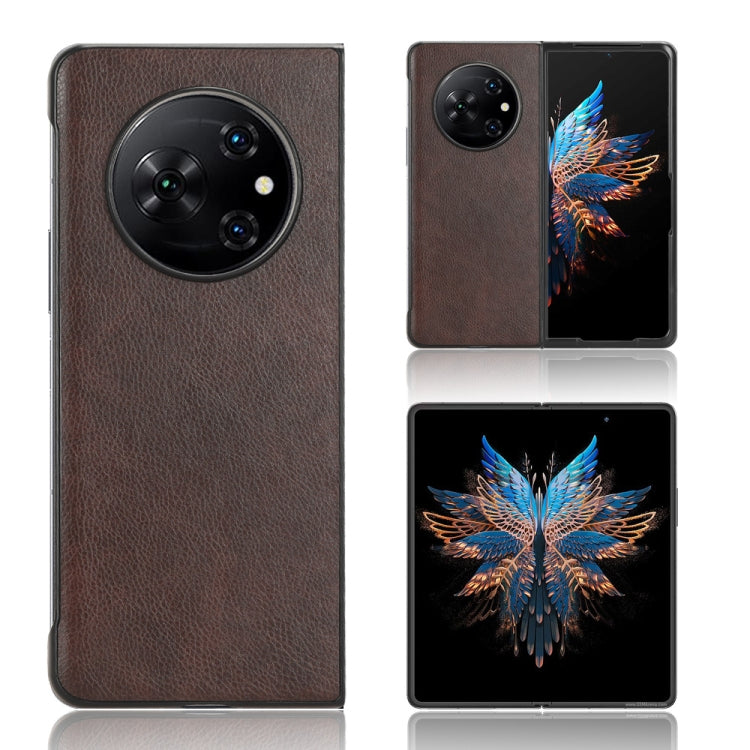 Brown litchi-texture back phone case with camera cutout for Tecno Phantom V Fold