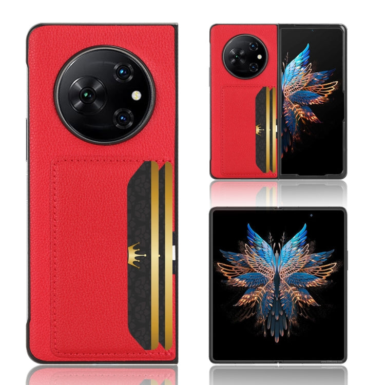 Red litchi-textured card-slot back cover phone case, close-up fold panel