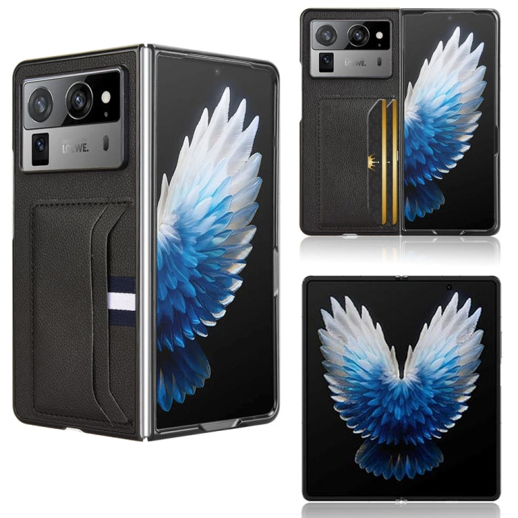 Black litchi-textured card-slot back cover phone case with fold panel