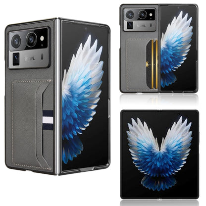 Grey litchi-textured card-slot back cover phone case with fold panel