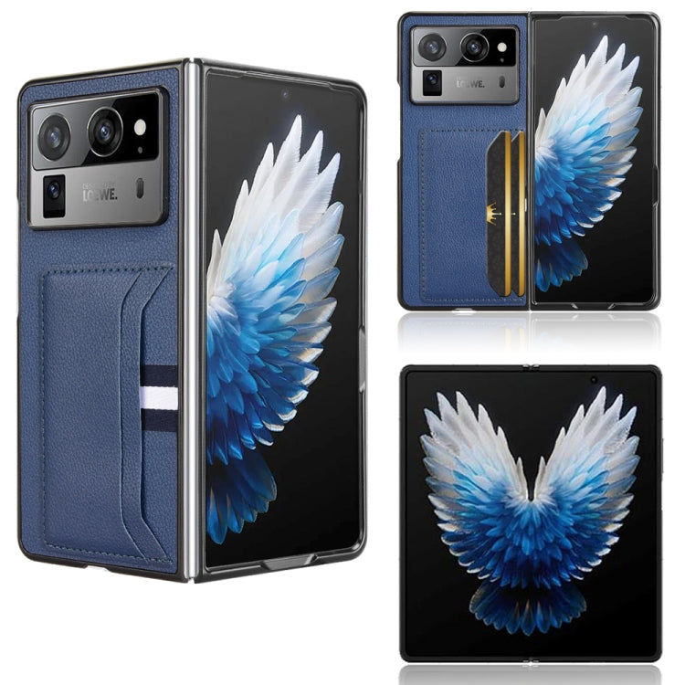 Blue litchi-textured card-slot back cover phone case with fold panel