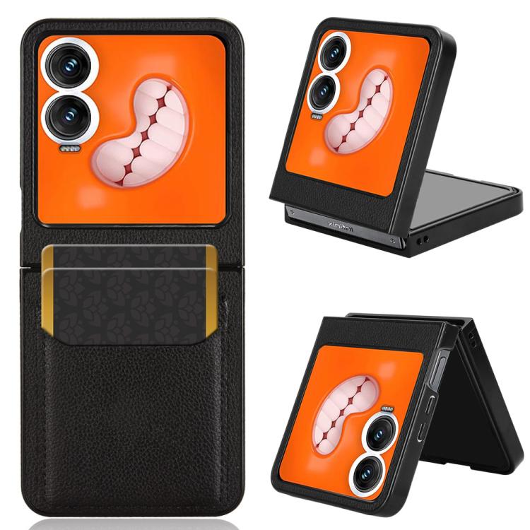 Black litchi-texture card slot back cover phone case with kickstand for foldable phone