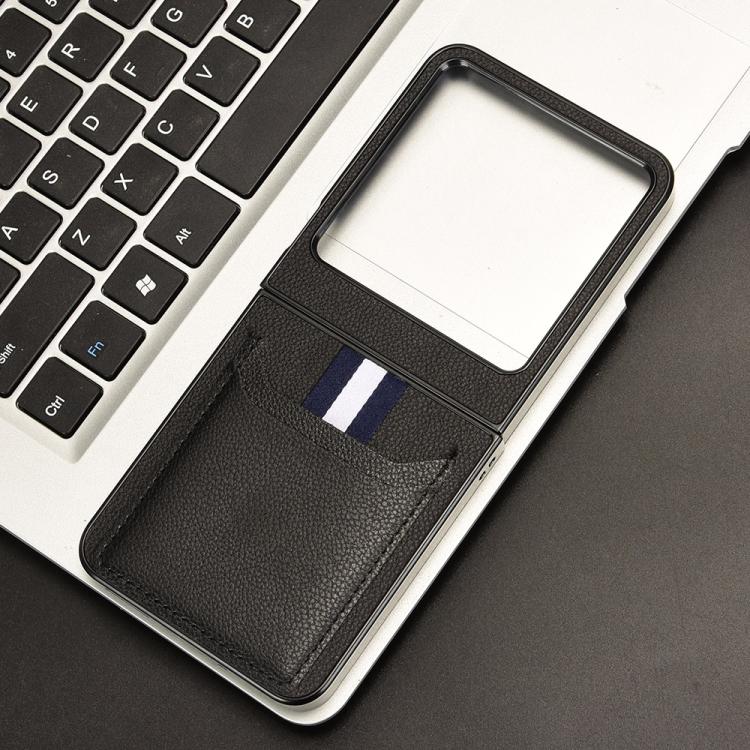 Grey litchi-texture card slot back cover phone case with pocket on the back
