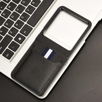 Grey litchi-texture card slot back cover phone case with pocket on the back