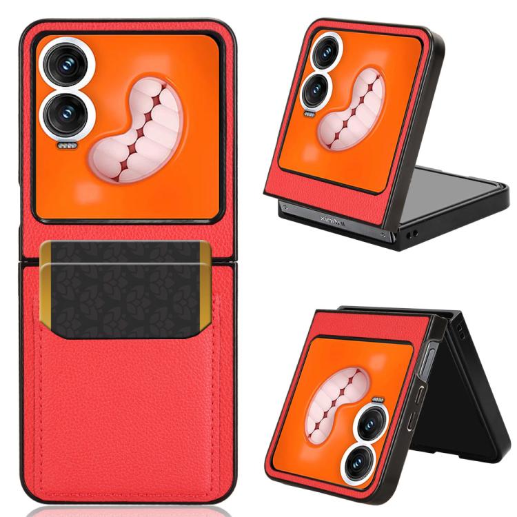 Red litchi-texture card slot back cover phone case with kickstand for foldable phone