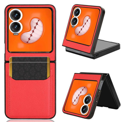 Red litchi-texture card slot back cover phone case with kickstand for foldable phone