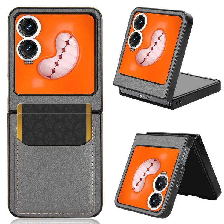 Grey litchi-texture card slot back cover phone case with kickstand for foldable phone