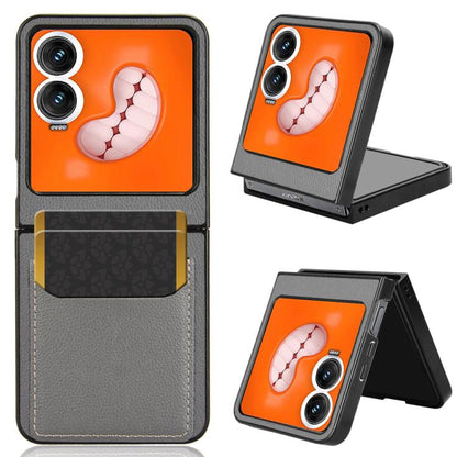 Grey litchi-texture card slot back cover phone case with kickstand for foldable phone