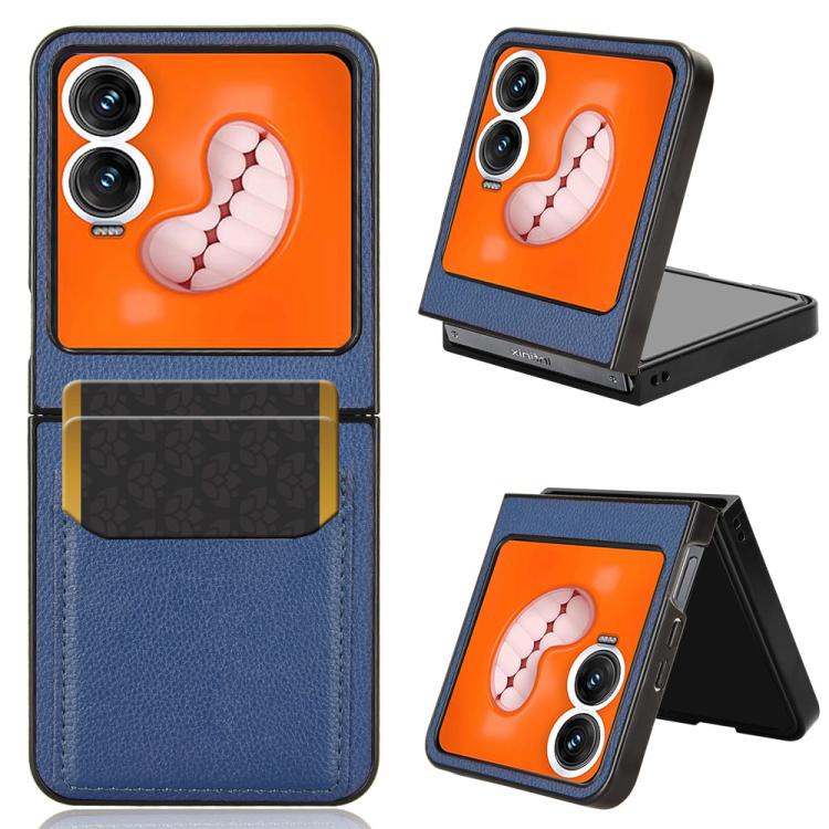 Blue litchi-texture card slot back cover phone case with kickstand for foldable phone