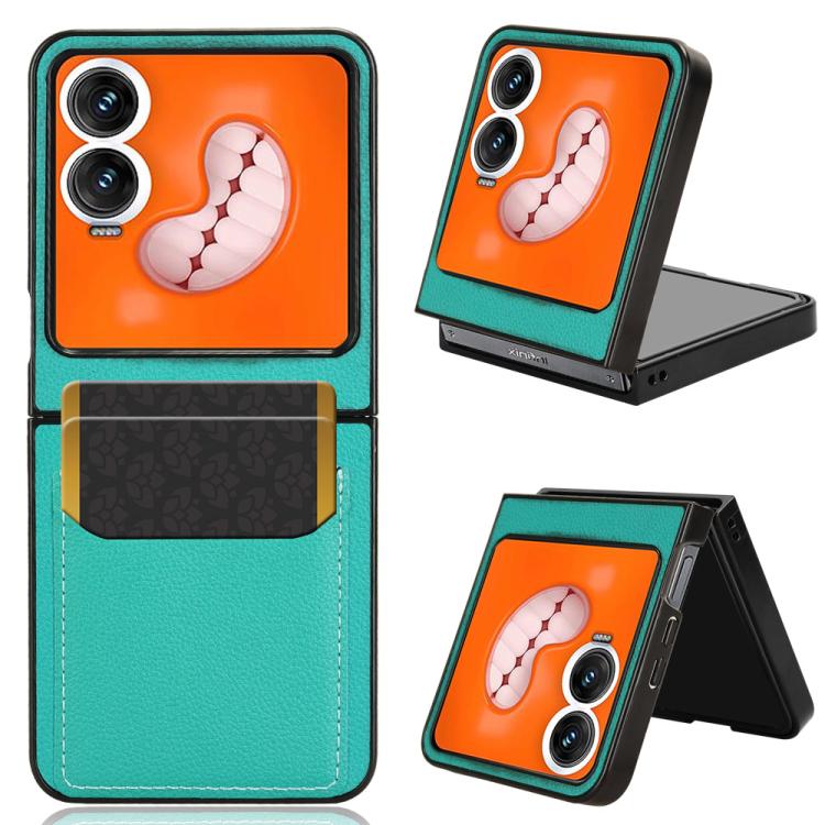 Teal litchi-texture card slot back cover phone case with kickstand for foldable phone