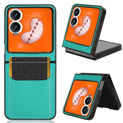 Teal litchi-texture card slot back cover phone case with kickstand for foldable phone