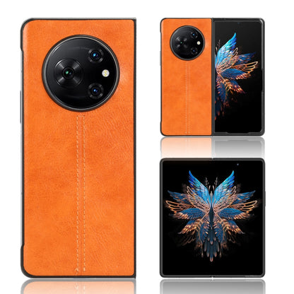 Textured flip phone case with circular camera cutouts, orange front and back views