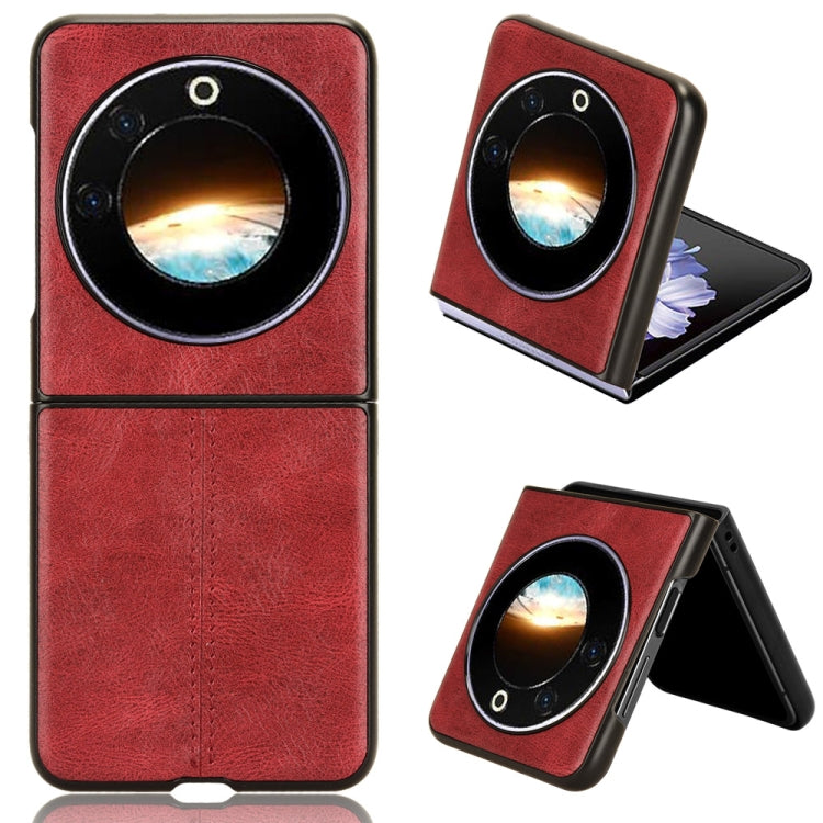 Textured flip phone case with round camera cutout, red finish