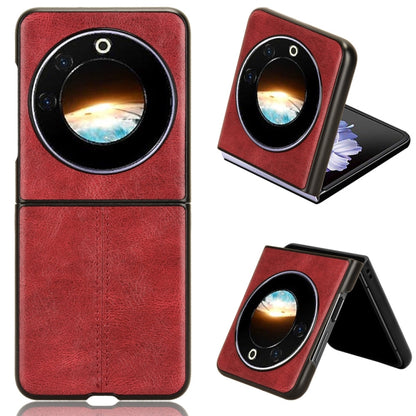 Textured flip phone case with round camera cutout, red finish