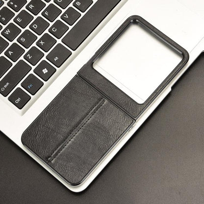 Black leather-style foldable phone case with card slot and camera opening