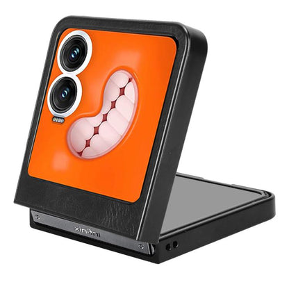 Foldable phone case with cow graphic, orange background and black stand, dual camera