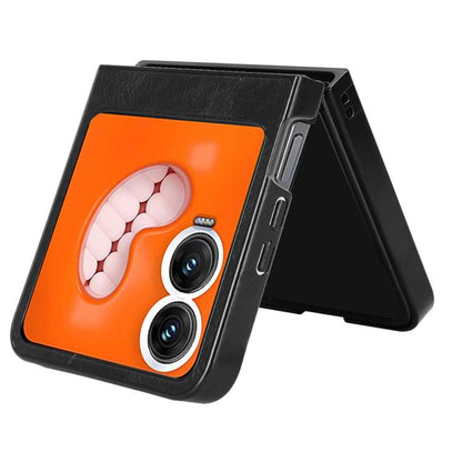 Foldable phone case with cow graphic, orange panel and black textured cover, dual cameras