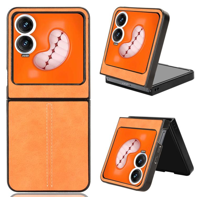 Foldable phone case with cow graphic, orange two-tone design and dual camera cutouts